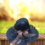 Crochet Crisscross Woven (Floral Ribbon) Straw Hats - Navy Blue