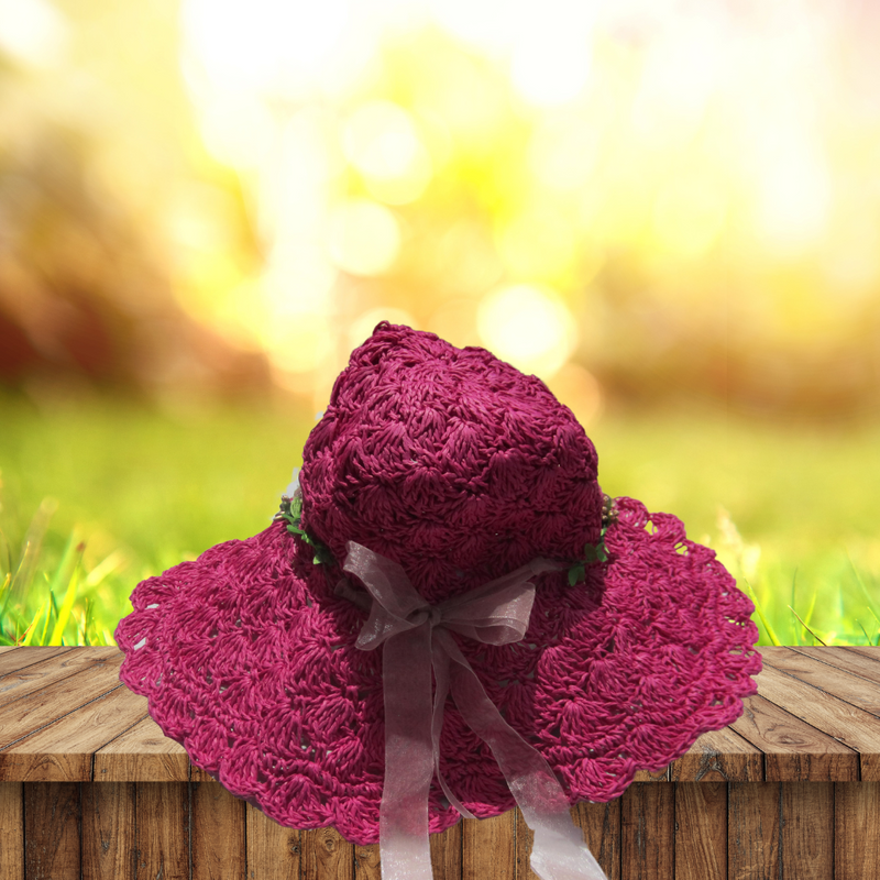 Crochet Crisscross Woven (Floral Ribbon) Straw Hats - Hot Pink