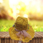 Crochet Crisscross Woven (Floral Ribbon) Straw Hats - Ochre Yellow