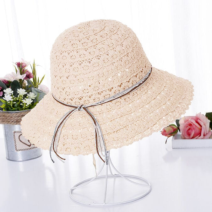 Summer Women Foldable Brimmed Straw Hat - Beige