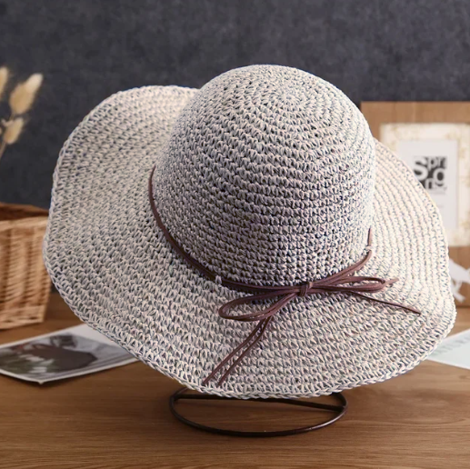 Crochet Woven (Ribbon) Straw Hats - Grey