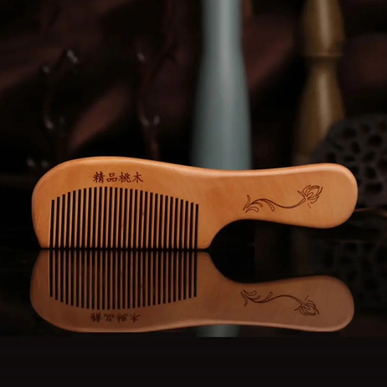 Natural Peach Wood classic (Close Teeth) Floral Etched Handle Comb