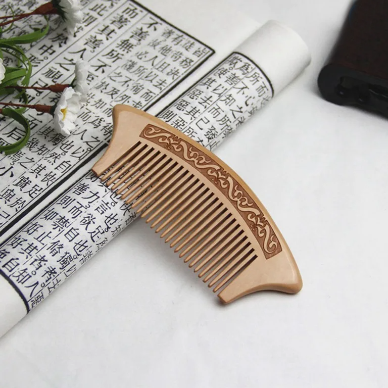 Natural Peach Wood Etched Vintage Collection Hand Held Comb - 3
