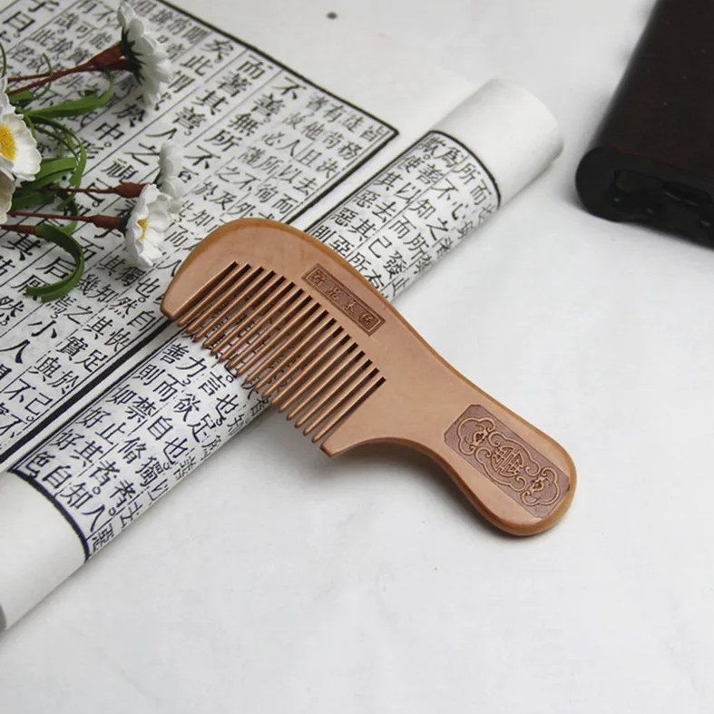 Natural Peach Wood Etched Vintage Collection Hand Held Comb - 4
