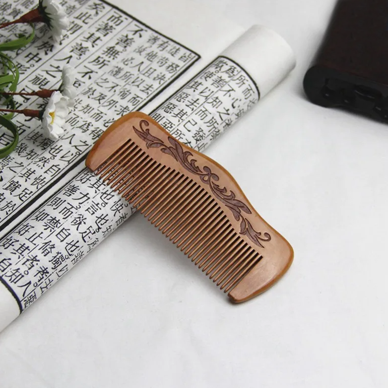 Natural Peach Wood Etched Vintage Collection Hand Held Comb - 5