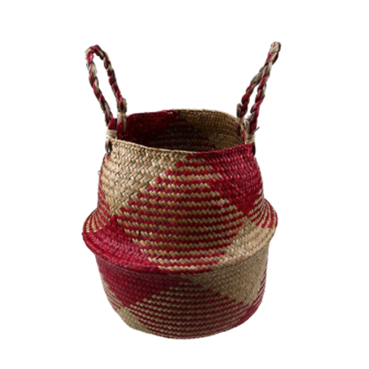 Foldable Handmade Rattan Woven Flower Seagrass Basket  - Red & Beige