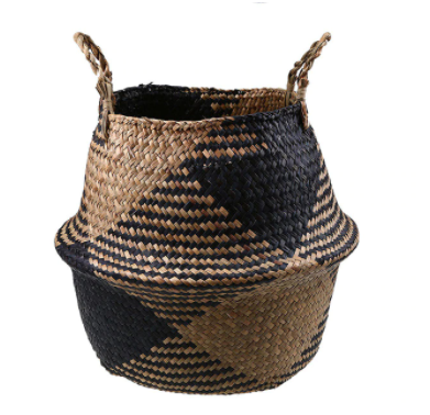 Foldable Handmade Rattan Woven Flower Seagrass Basket  - Black & Beige