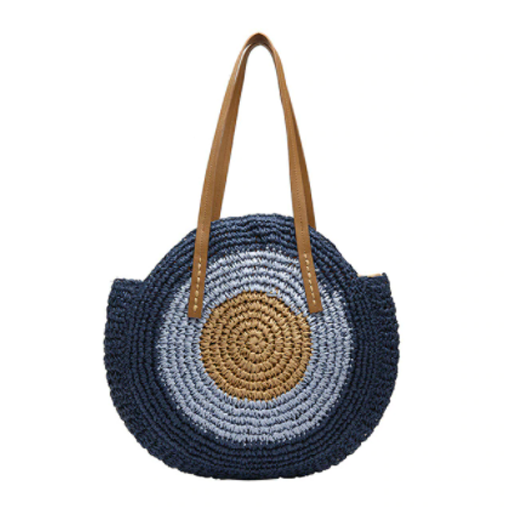 Handmade Round Women Straw/Rattan Shoulder Bag - (Dark Brown and Blue)