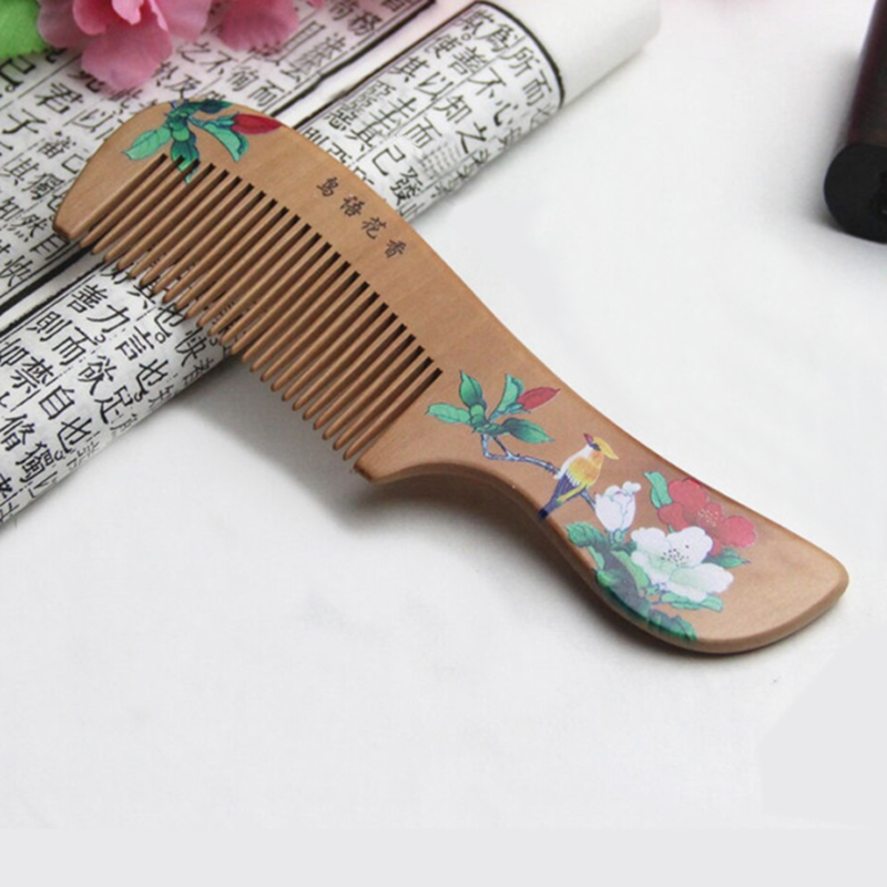 Peach Wood - Flower Painted Healthy Scalp Head Massage Anti-Static Curved Handle Comb