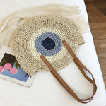 Handmade Round Women Straw/Rattan Shoulder Bag - (Beige and Blue)