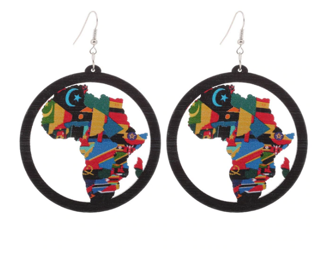 Wood Earrings - Ethnic Round­ Painted Dangle Earrings - African Continent Design