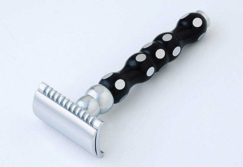 Pearl Double Edge Safety Razor, Black Scalloped w/Ring & Dots Handle, Platinum Open Comb 1