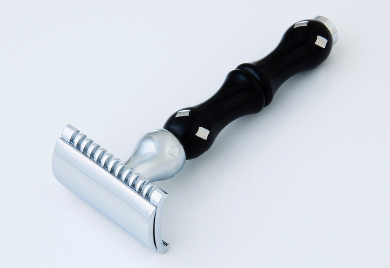 Pearl Double Edge Safety Razor, Black Scalloped w/Ring & Dots Handle, Platinum Open Comb 3