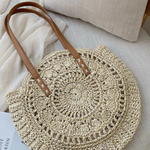 Handmade Round Women Straw/Rattan Shoulder Bag - Beige