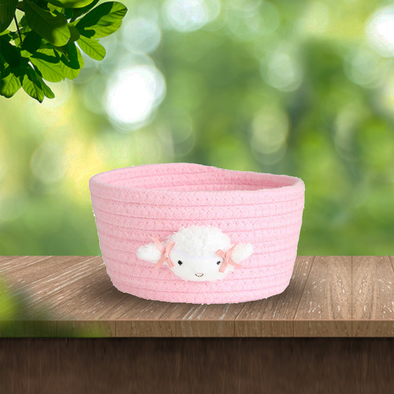 Handmade Pink Cotton Gift Basket and Desktop Organiser - Baby Sheep