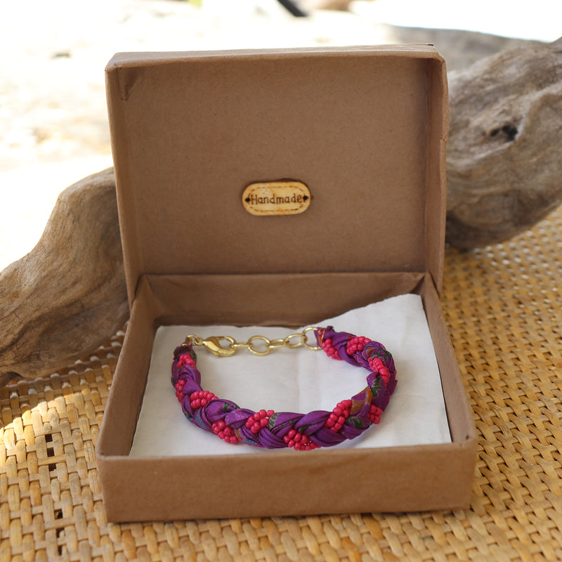 Purple with Pink Beads - Handmade Vintage Cloth Bracelets