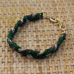 Green with Silver Beads - Handmade Vintage Cloth Bracelets