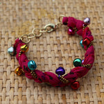 Pink with Multi Coloured Bells - Handmade Vintage Cloth Bracelets