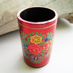Paper Mache Pen Stand - Red (Yellow and Pink flowers and Green leaves)