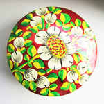 Paper Mache Small and Round Trinket Box - Red (Yellow, White and Green flowers)