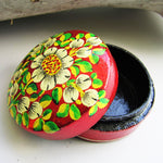 Paper Mache Small and Round Trinket Box - Red (Yellow, White and Green flowers)