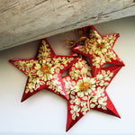Paper Mache Star - Red (White flowers)