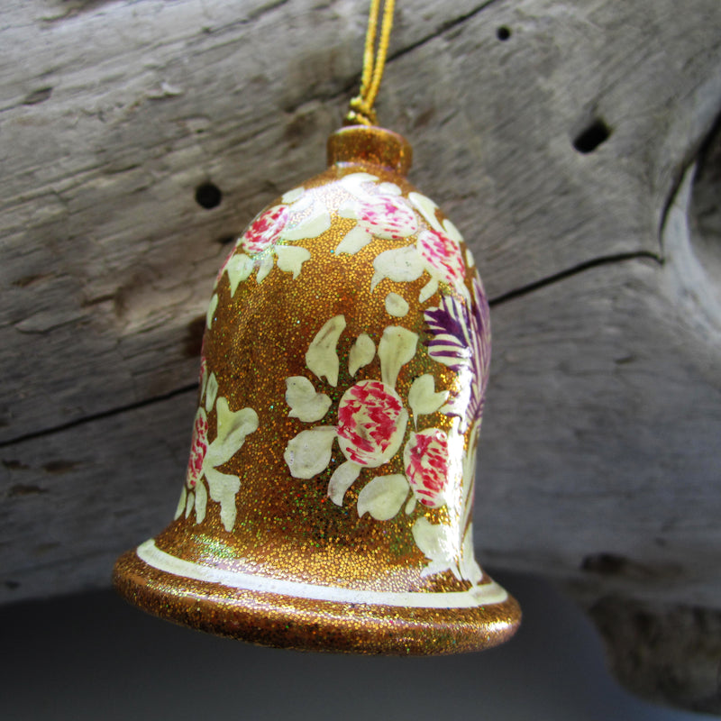 Paper Mache Bell - Golden (White and Red flowers)