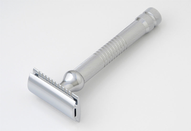 Pearl 2 Piece Safety Razor, Chrome Helical with Criss-Cross Grooves, Closed Comb