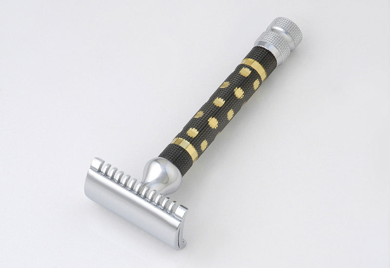 Pearl Safety Razor, Black Knurl with Gold Bands and Dots, Open Comb